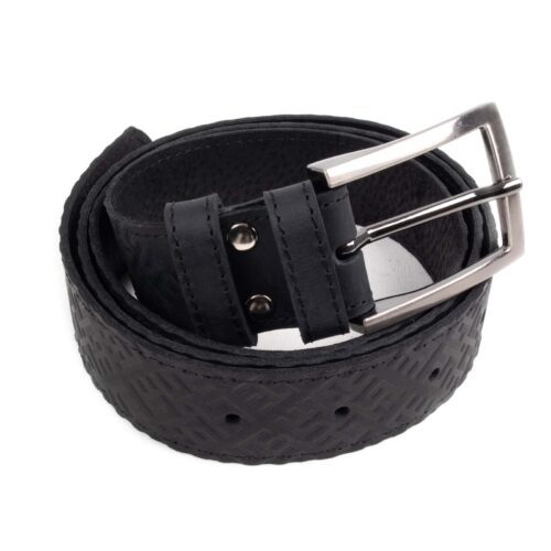 Leather belt with fire cross pattern, black