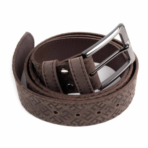 Leather belt with fire cross pattern, brown
