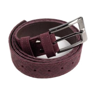 Leather belt with fire cross pattern, burgundy