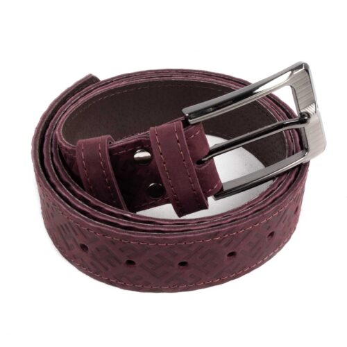Leather belt with fire cross pattern, burgundy