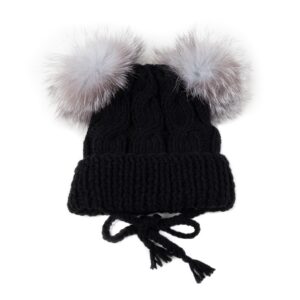 Kids knitted wool hat with pom poms, black