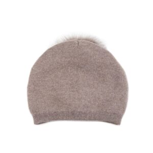 Knitted cashmere hat with fur pom pom, dark beige