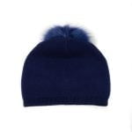 Knitted Cashmere Hat with Fur Pom Pom, Navy Blue