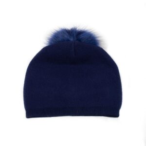 Knitted cashmere hat with fur pom pom, navy blue