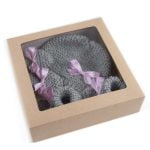Knitted Set for Babies - Hat, Mittens and Boots, Grey with Purple Ribbons