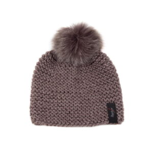 Knitted wool hat with fur pom pom, brown
