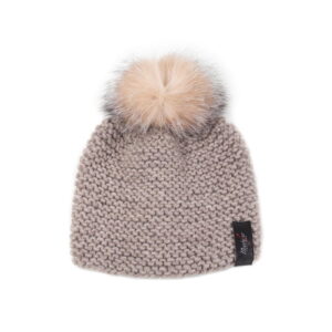 Knitted wool hat with fur pom pom, dark beige