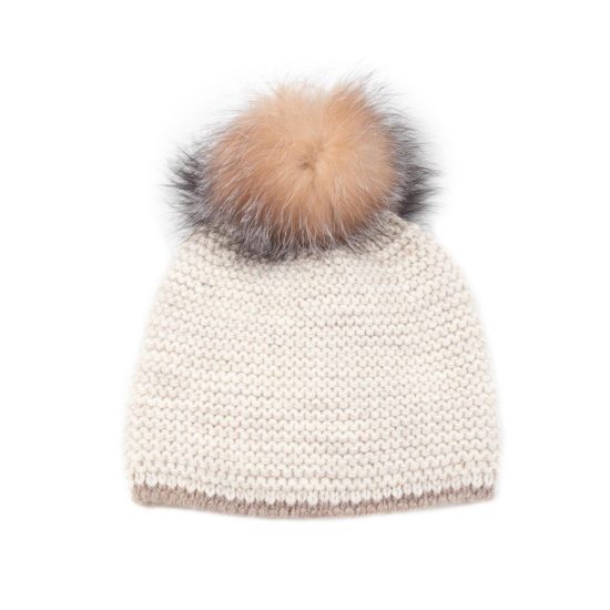 Knitted Wool Hat with Fur Pom Pom, Double Lining, Beige