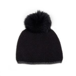 Knitted wool hat with fur pom pom, double lining, black