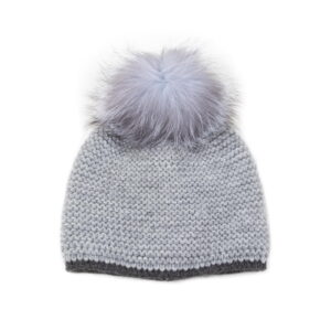Knitted wool hat with fur pom pom, double lining, grey
