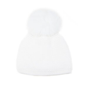 Knitted wool hat with fur pom pom, double lining, white