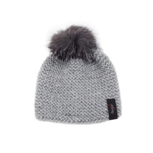 Knitted wool hat with fur pom pom, grey