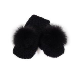 Knitted wool mittens with fur pom pom, black