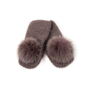 Knitted wool mittens with fur pom pom, brown