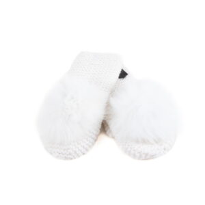 Knitted wool mittens with fur pom pom, white