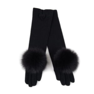 Long wool gloves with fur pom pom, black