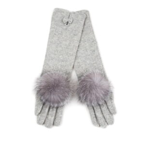 Long wool gloves with fur pom pom, light grey