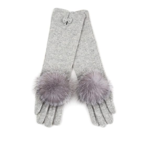 Long Wool Gloves with Fur Pom Pom, Light Grey