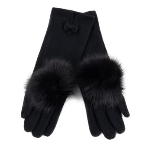 Wool gloves with fur pom pom, black