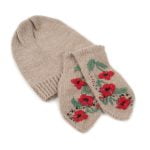 Knitted Alpaca and Mink Fluff Set - Hat and Mittens with Flower Motif, Beige