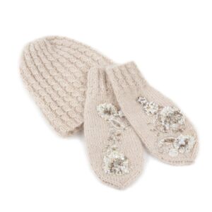 Knitted alpaca and mohair set - hat and mittens with flower motif, light beige