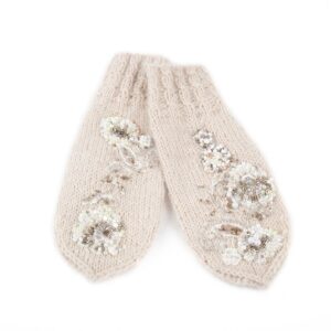 Knitted alpaca and mohair set - hat and mittens with flower motif, light beige
