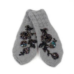 Knitted alpaca and mohair set - hat and mittens with flower motif, grey