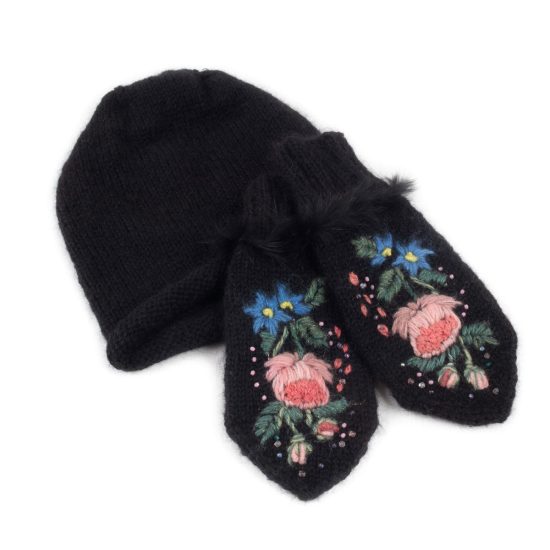 Knitted Alpaca, Mohair and Wool Set - Hat and Mittens with Flower Motif, Black