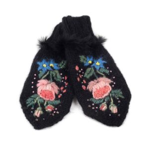 Knitted alpaca, mohair and wool set - hat and mittens with flower motif, black