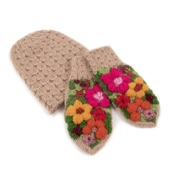 Knitted Alpaca Set - Hat and Mittens with Flower Motif, Beige