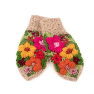 Knitted alpaca set - hat and mittens with flower motif, beige