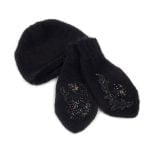 Knitted Angora and Mohair Set - Hat and Mittens with Flower Motif, Black