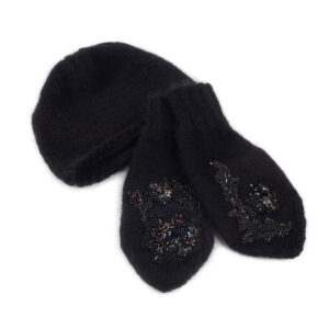 Knitted angora and mohair set - hat and mittens with flower motif, black