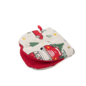 Linen oven mitt with festive cars, 13x13 cm