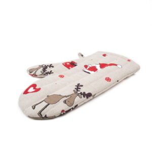 Linen oven mitt with santa clauses and deer, 21x30 cm