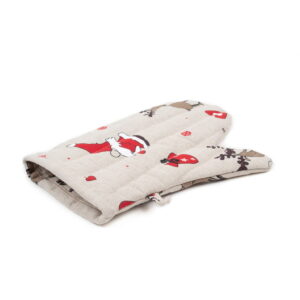 Linen oven mitt with santa clauses and deer, 21x30 cm