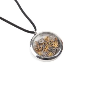 Pendant with watch movement gears, silver color frame, Ø 3.8 cm