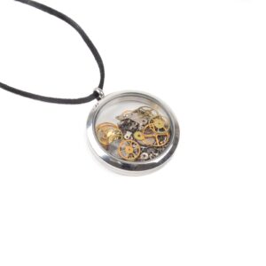 Pendant with watch movement gears, silver color frame, Ø 3.8 cm