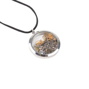 Pendant with watch movement gears, silver color frame, Ø 3.8 cm