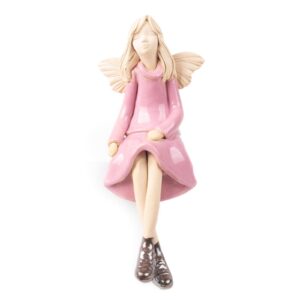 Ceramic figure – sitting angel in pink dress and boots, 21 cm