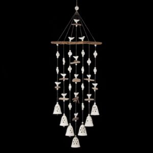 Ceramic wind chimes, floral motif, white, 7 bells