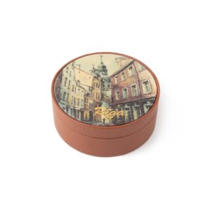 Leather box - old town, brown, ⌀ 8 cm