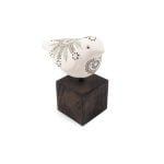 Ceramic Bird on Wooden Block, White with Pattern, 14 cm