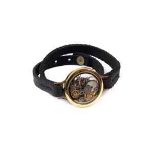 Double wrap bracelet with watch movement gears, gold color frame, Ø 3 cm