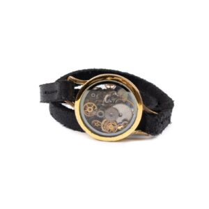 Double wrap bracelet with watch movement gears, gold color frame, Ø 3 cm