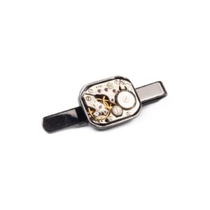 Necktie clip with watch mechanism, metallic black