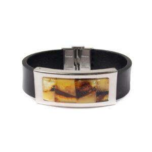 Leather bracelet with amber, black, 21 cm