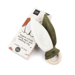 Organic cringle bunny ears with teething ring, khaki