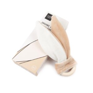 Organic cringle bunny ears with teething ring, beige