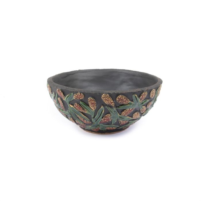 Ceramic bowl with red flowers, greyish black, ⌀16 cm